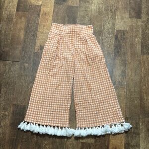 Adrienne Orange Gingham Wide-Leg Pants with Tassels